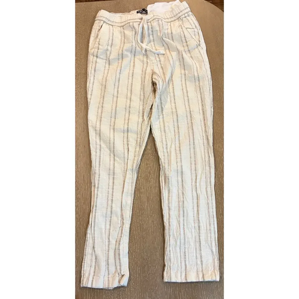 Zara sz Medium Striped Linen‎ Cotton Blend Women’s Pants Cream Drawstring